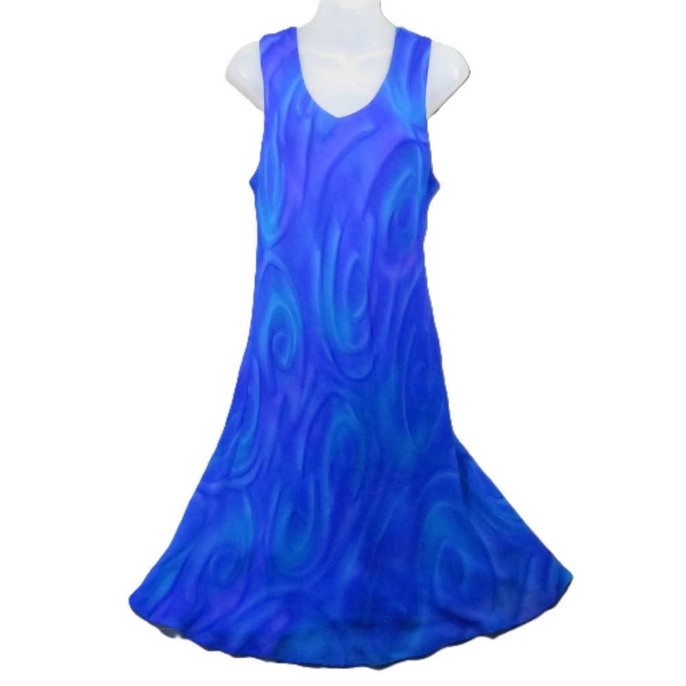 Simply Silk Dress L Bright Blue Abstract Swirl Lined Sleeveless Vintage 90s Y2k